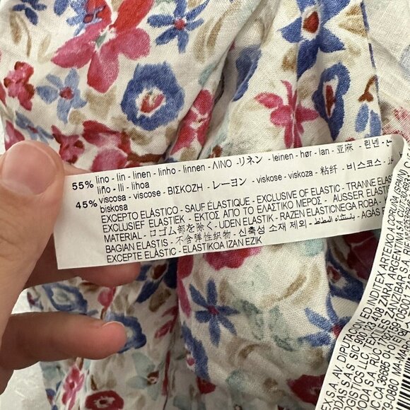 Zara Womens S White Linen Blend Floral Printed Blouse Top Puff Sleeve Tie Back - Picture 13 of 13